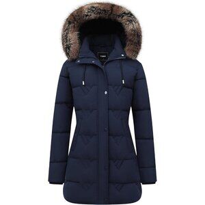 Women's Navy Waterproof Winter Coat, Long Insulated Parka with Detachable Hood